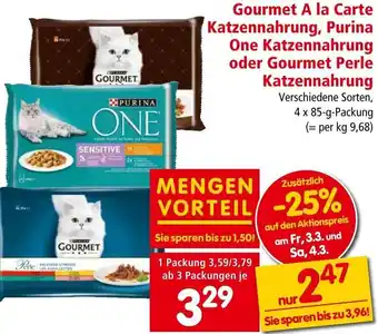 Interspar Gourmet A la Carte Katzennahrung, Purina One Katzennahrung oder Gourmet Perle Katzennahrung 4 x 85 g Angebot