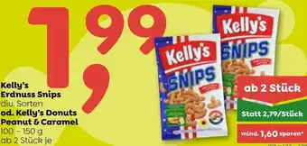 ADEG Kelly's Erdnuss Snips div. Sorten od. Kelly's Donuts Peanut & Caramel 100-150 g Angebot