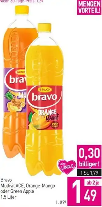 Sutterlüty Bravo Multivit ACE, Orange -Mango oder Green Apple 1,5 Liter Angebot
