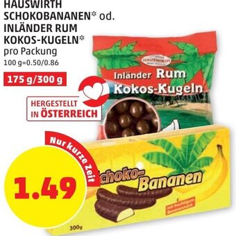 PENNY Hauswirth Schokobananen od. Inländer Rum Kokos-Kugeln pro Packung 175 g/ 300 g Angebot