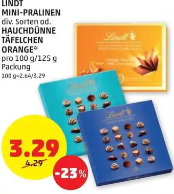 PENNY Lindt Mini-Pralinen div. Sorten od. Hauchdünne Täfelchen Orange 100 g/ 125 g Angebot