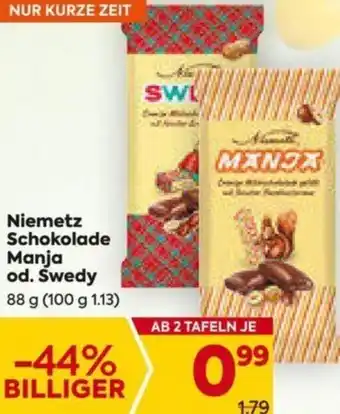Billa Niemetz Schokolade Manja od. Swedy 88 g Angebot
