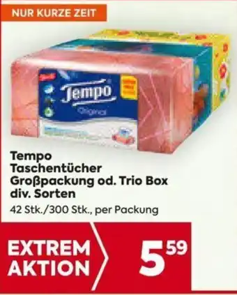 Billa Tempo Taschentücher Großpackung od. Trio Box div. Sorten 42 Stk. / 300 Stk. Angebot