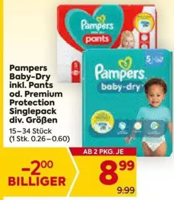 Billa Pampers Baby-Dry inkl. Pants od. Premium Protection Singlepack div. Größen 15-34 Stk. Angebot