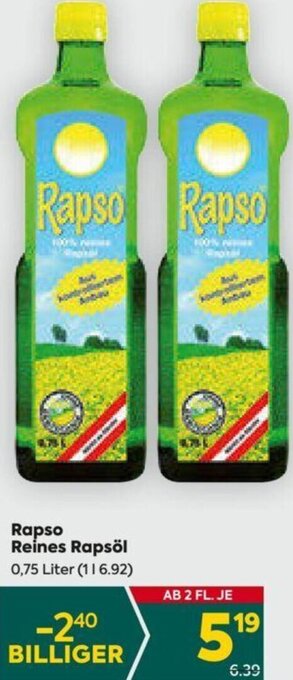 Billa Rapso Reines Rapsöl 0,75 Liter Angebot