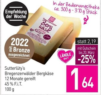 Sutterlüty Sutterlüty's Bregenzerwälder Bergkäse 12 Monate gereift 45% F.i.T. 100g Angebot