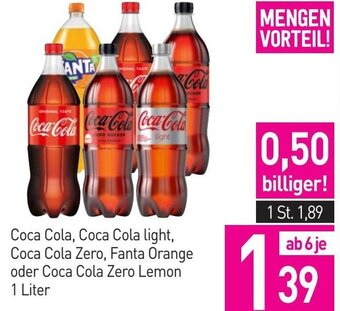 Sutterlüty Coca Cola, Coca Cola Light, Coca Cola Zero, Fanta Orange oder Coca Cola Zero Lemon 1 liter Angebot