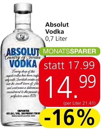 Spar Absolut Vodka 0,7 Liter Angebot