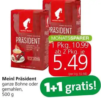 Spar Meinl Präsident ganze Bohne oder gemahlen 500g Angebot