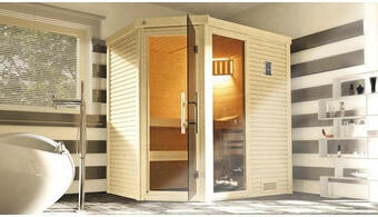 Hornbach Massivholzsauna weka cubilis 2 eck gtfo inkl. 7,5 kw ofen u.digitaler steuerung mit fenster und graphitfarbiger ganzglastüre Angebot