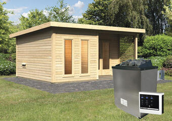 Hornbach Saunahaus karibu sainburga 5 set b inkl. 9 kw ofen u.ext. steuerung mit vorraum, fenster und holztüre mit klarglas Angebot