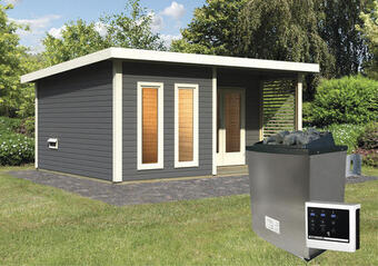 Hornbach Saunahaus karibu sainburga 5 set a inkl. 9 kw ofen u.ext. steuerung mit vorraum, fenster und holztüre mit klarglas terragrau/ Angebot