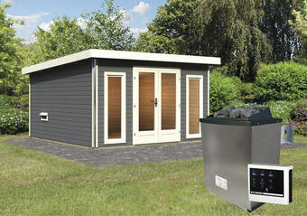 Hornbach Saunahaus karibu sainburga 3 set b inkl. 9 kw ofen u.ext. steuerung mit vorraum, fenster und holztüre mit klarglas terragrau/ Angebot