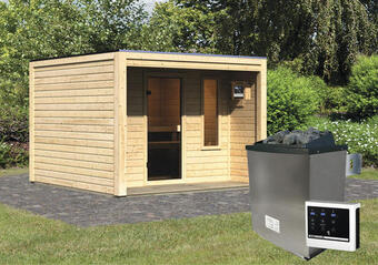 Hornbach Saunahaus karibu jeldora inkl. 9 kw ofen u.ext. steuerung ohne vorraum mit fenster und ganzglastüre aus klarglas Angebot