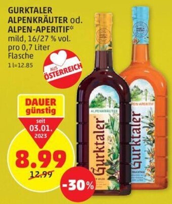 PENNY Gurktaler Alpenkräuter od. Alpen-Aperitif 0,7 Liter Angebot