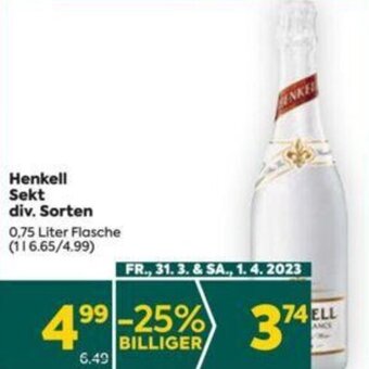 Billa Henkell Sekt div. Sorten 0,75 Liter Angebot