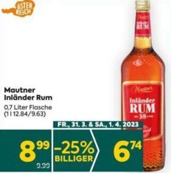 Billa Mautner Inländer Rum 0,7 Liter Flasche Angebot