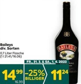 Billa Baileys div. Sorten 0,7 Liter Angebot