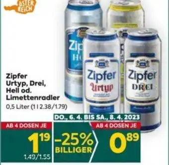Billa Zipfer Urtyp, Drei, Hell od. Limettenradler 0,5 Liter Angebot