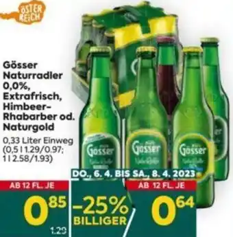 Billa Gösser Naturradler 0,0% Extrafrisch, Himbeer-Rhabarber od. Naturgold 0,33 Liter Angebot