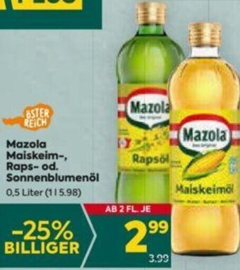 Billa Mazola Maiskeim-, Raps- od. Sonnenblumenöl 0,5 Liter Angebot