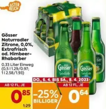 Billa Gösser Naturradler Zitrone, 0,0%, Extrafrisch od. Hibeer-Rhabarber 0,33 Liter Angebot