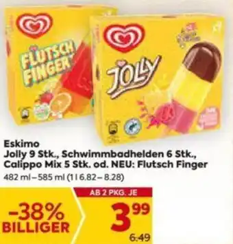Billa Eskimo Jolly 9 Stk., Schwimmbadhelden 6 Stk. Calippo Mix 5 Stk. od. NEU: Flutsch Finger 482ml-585ml Angebot