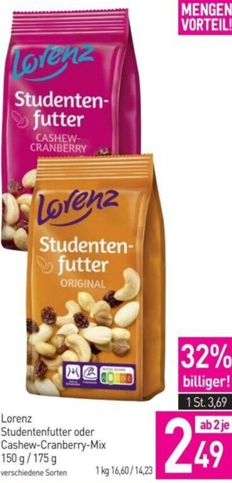 Sutterlüty Lorenz Studentenfutter oder Cashew-Cranberry-Mix 150 g/ 175 g Angebot