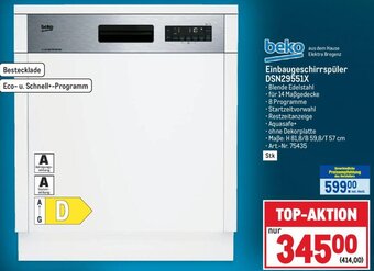 Metro beko Einbaugeschirrspüler DSN29551X Angebot