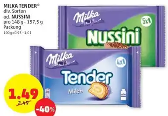 PENNY Milka Tender div. Sorten od. Nussini 148 g- 157,5 g Angebot