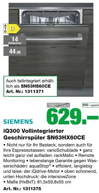 EP Siemens iQ300 Vollintegrierter Geschirrspüler SN63HX60CE Angebot