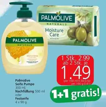Spar Palmolive Seife Pumpe 300ml, Nachfüllung 500ml, Festseife 4x90 g Angebot