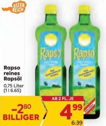 Billa Rapso Reines Rapsöl 0,75 Liter Angebot