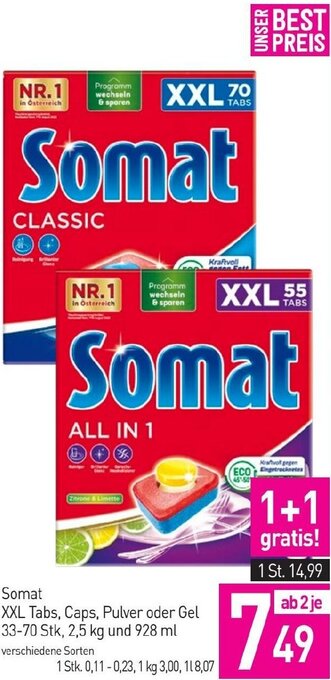 Sutterlüty Somat XXL Tabs, Caps, Pulver oder Gel 33-70 Stk. 2,5 kg und 928 ml Angebot