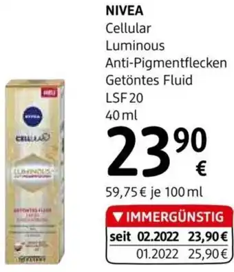 dm Nivea Cellular Luminous Anti-Pigmentflecken Getöntes Fluid LSF 20 40ml Angebot