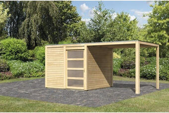 Hornbach Gartenhaus karibu carlson inkl. anbaudach 2,4 m, selbstklebender dachfolie und aluminium abtropfwinkel 484x246 cm natur Angebot