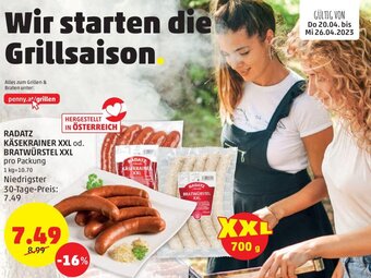 PENNY Radatz Käsekrainer XXL od. Bratwürstel XXL pro Packung Angebot