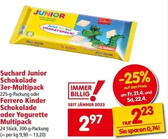 Interspar Suchard Junior Schokolade 3er-Multipack 225 g oder Ferrero Kinder Schokolade oder Yogurette Multipack 300 g Angebot