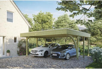 Hornbach Doppelcarport skan holz friesland mit einem einfahrtsbogen und pfostenankern 557x555 cm imprägniert Angebot