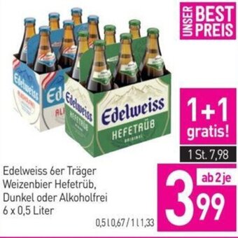 Sutterlüty Edelweiss 6er Träger Weizenbier Hefetrüb, Dunkel oder Alkoholfrei 6 x 0,5 Liter Angebot