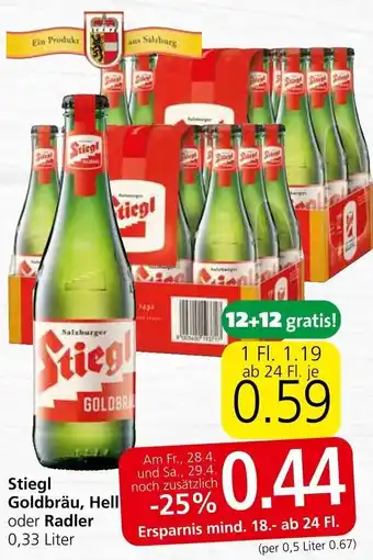 Spar Stiegl Goldbräu, Hell oder Radler 0,33 Liter Angebot
