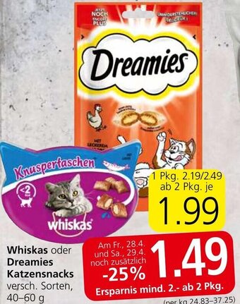 Spar Whiskas oder Dreamies Katzensnacks versch. Sorten, 40-60 g Angebot