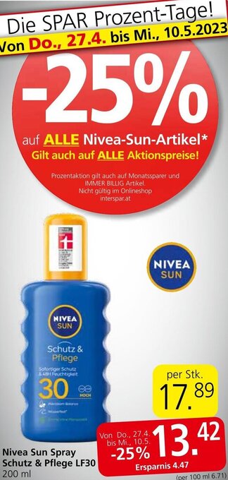 Spar Nivea Sun Spray Schutz & Pflege LF30 200 ml Angebot
