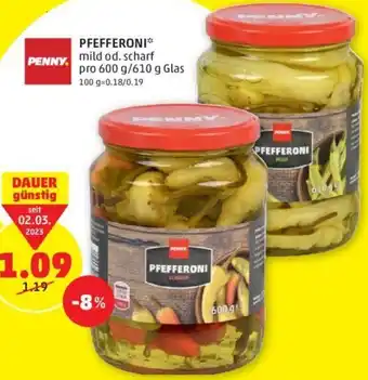 PENNY PENNY. PFEFFERONI* mild od. scharf pro 600 g/610 g Glas 100 g Angebot