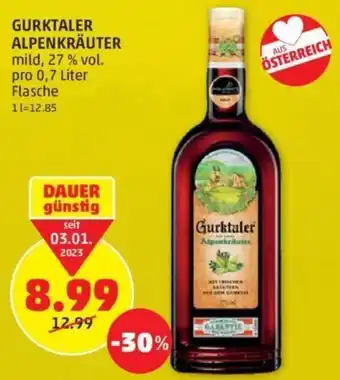 PENNY GURKTALER ALPENKRÄUTER mild, 27 % vol. pro 0,7 Liter Flasche 11-12.85 Angebot
