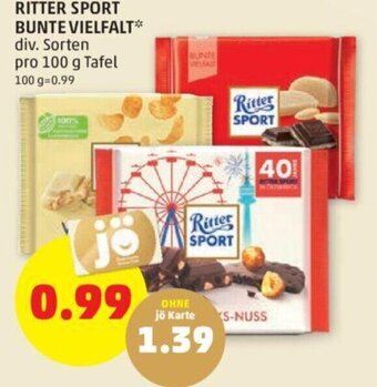 PENNY RITTER SPORT BUNTE VIELFALT* div. Sorten pro 100 g Tafel Angebot