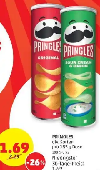 PENNY PRINGLES div. Sorten pro 185 g Dose 100 g=0.92 Niedrigster 30-Tage-Preis: Angebot