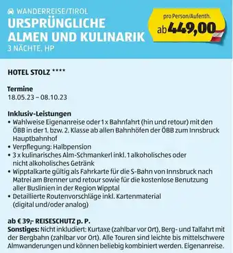 Hofer WANDERREISE/TIROL URSPRÜNGLICHE ALMEN UND KULINARIK 3 NÄCHTE, HP Angebot