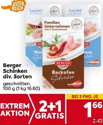 Billa Berger Schinken div. Sorten geschnitten, 100 g (1 kg 16.60) Angebot