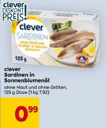 Billa clever Sardinen in Sonnenblumenöl ohne Haut und ohne Gräten, 125 g Dose (1 kg 7.92) Angebot